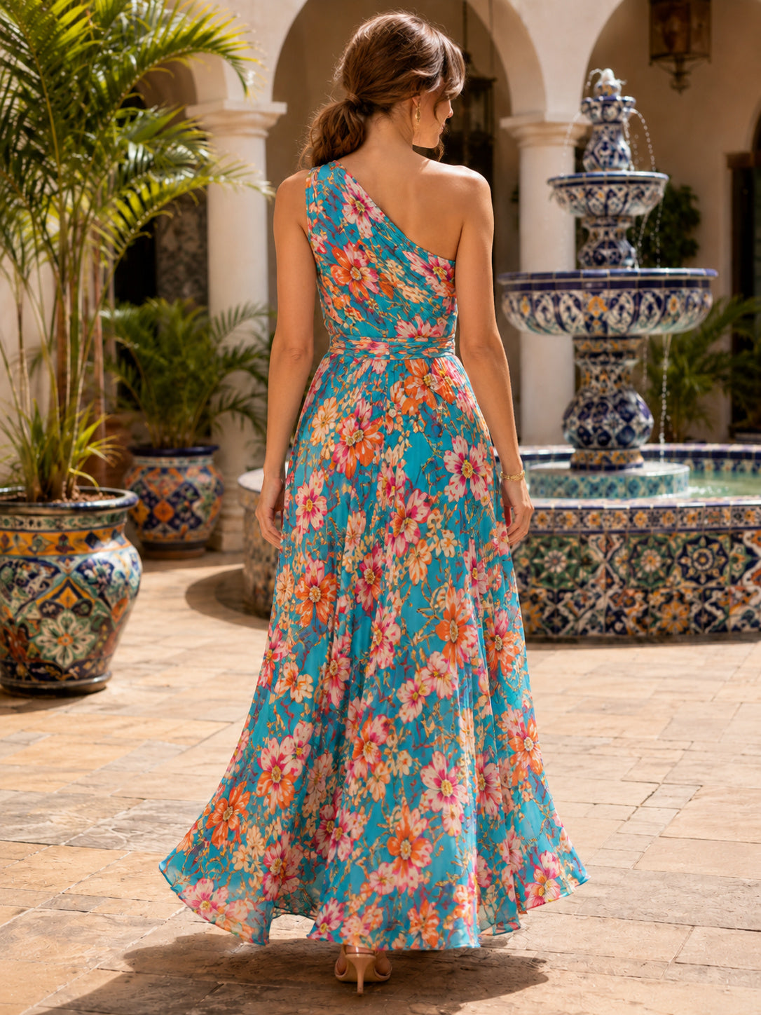 Turquoise floral one shoulder chiffon resort maxi dress back view