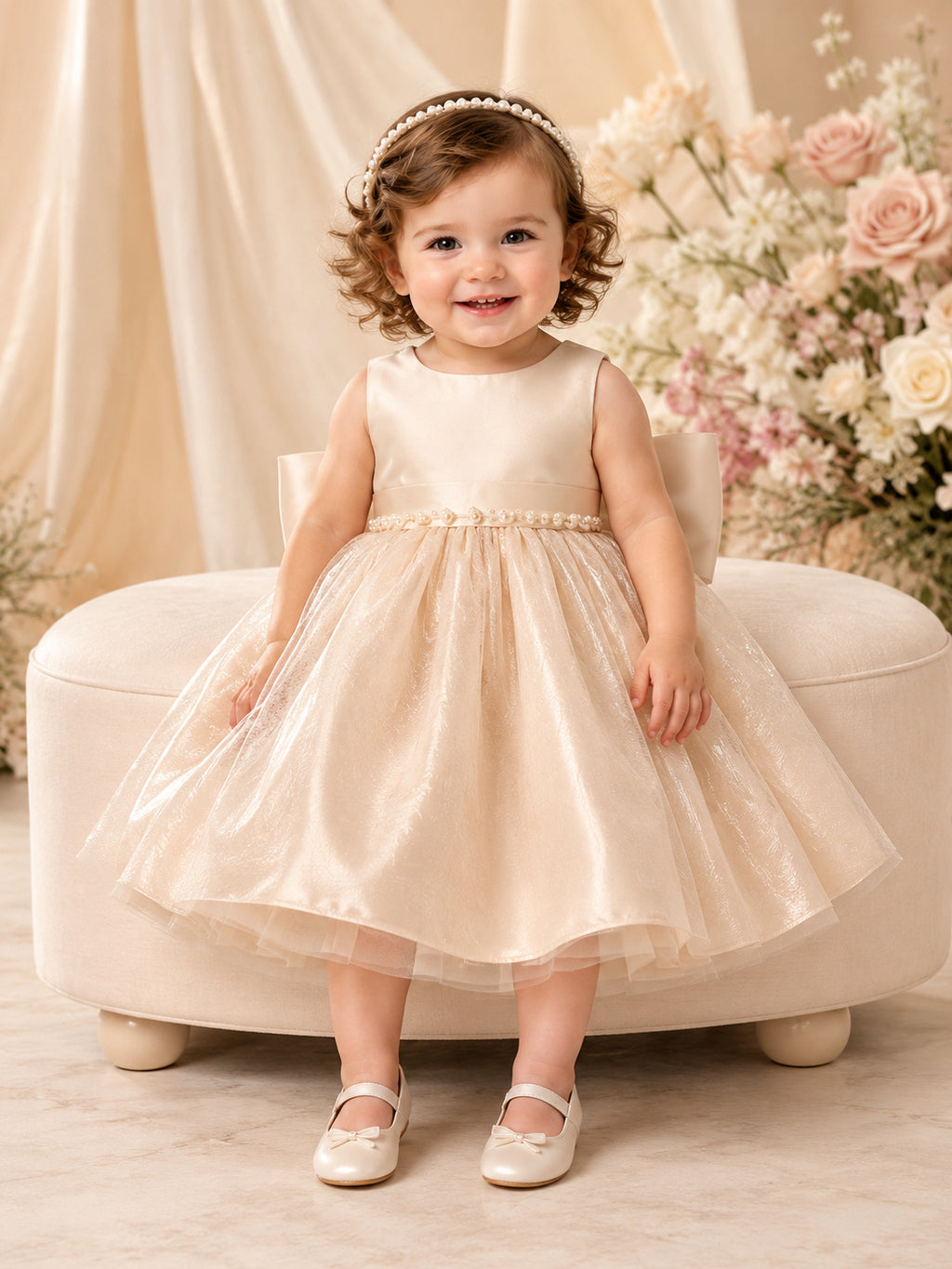 Champagne Flower Girl Dress Knee-Length A-Line Sleeveless Satin Shimmer Organza Pearl Waist Oversized Bow front view