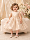Champagne Flower Girl Dress Knee-Length A-Line Sleeveless Satin Shimmer Organza Pearl Waist Oversized Bow front view
