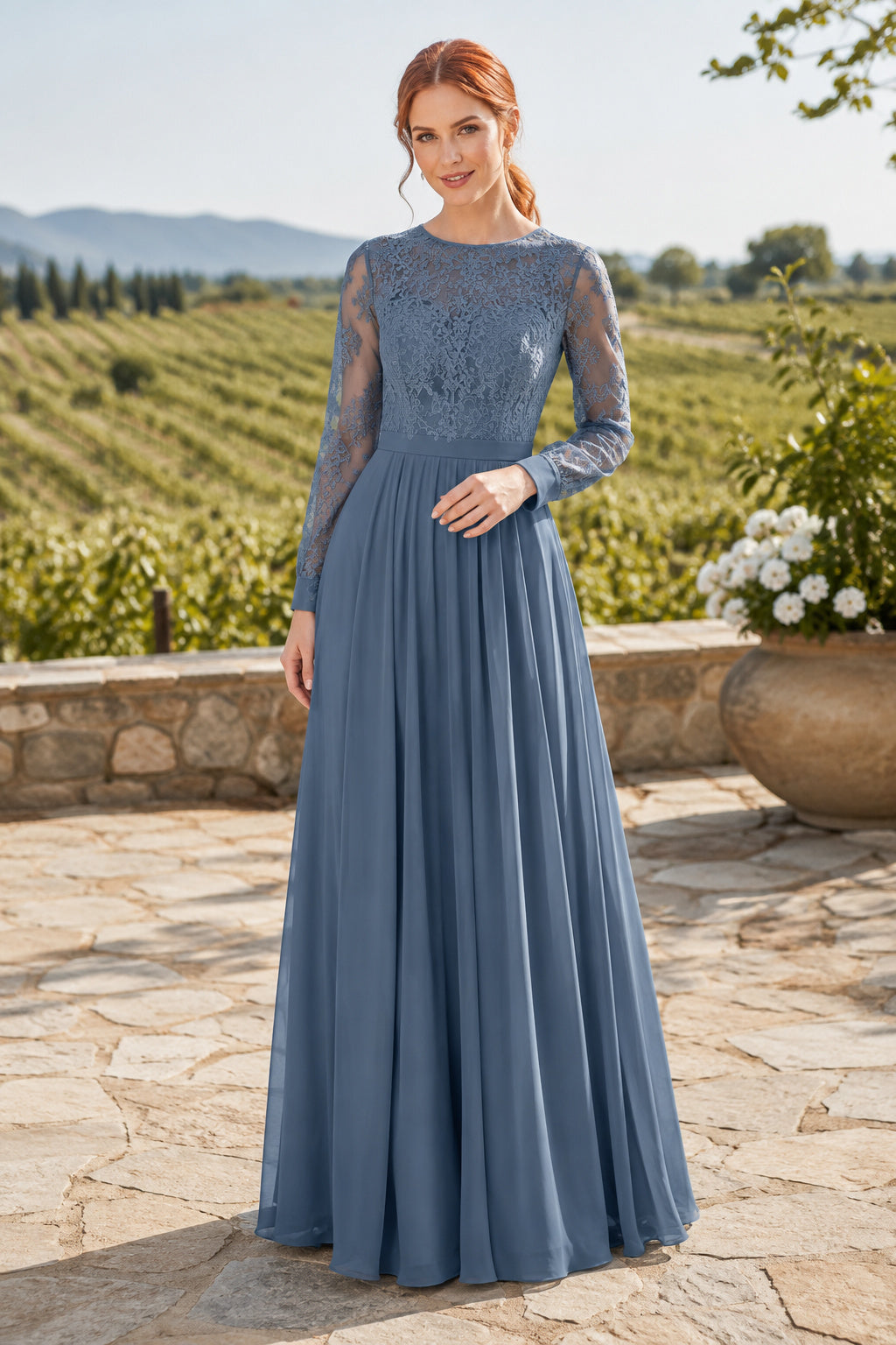Steel Blue High Neck Lace Chiffon Mother Dress with Illusion Sleeves and A-Line Skirt front view