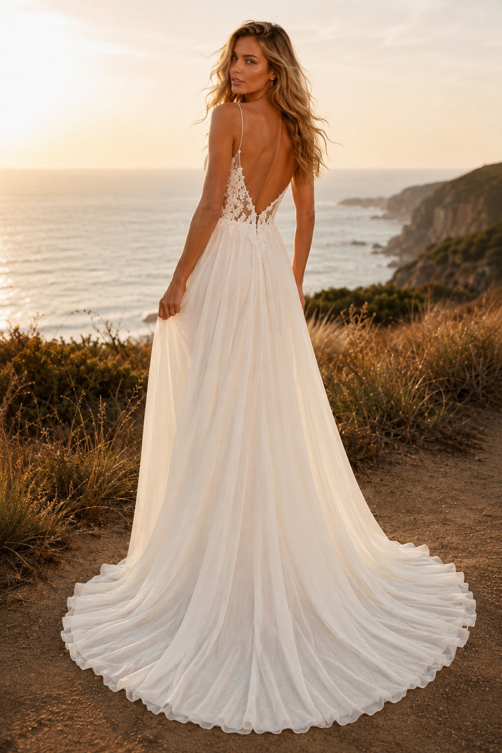 Ivory Sexy Spaghetti Neck A-Line Chiffon Tulle Wedding Dress with Spaghetti Straps and Sweep Train Style MG_701384 back view
