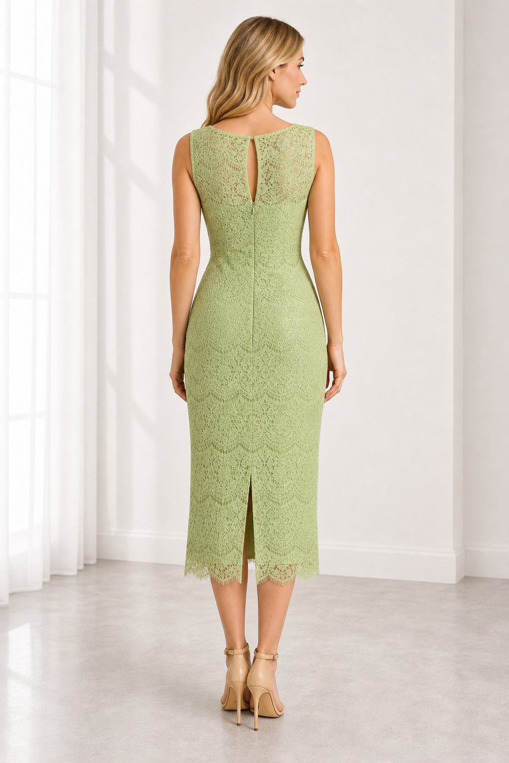 Lime Bateau Sleeveless Sheath Lace Tea-Length Dress With Back Slit
