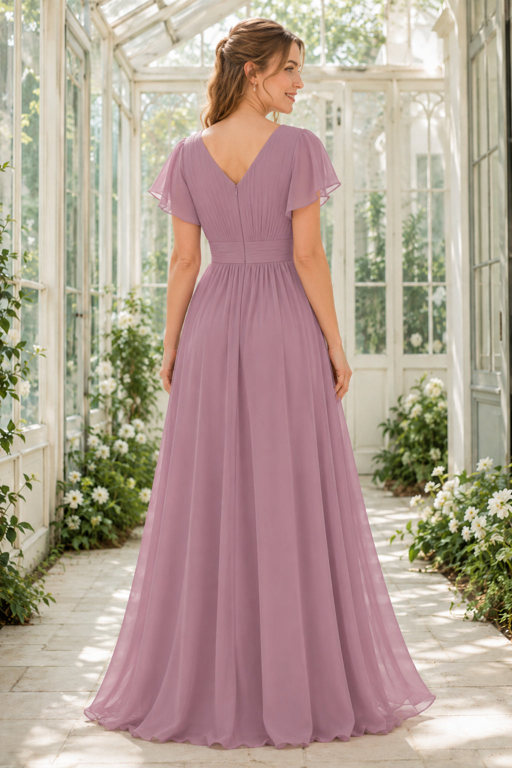 Mauve Flutter Sleeve V-Neck Chiffon A-Line Bridesmaid Dress with Pleated Waist back view