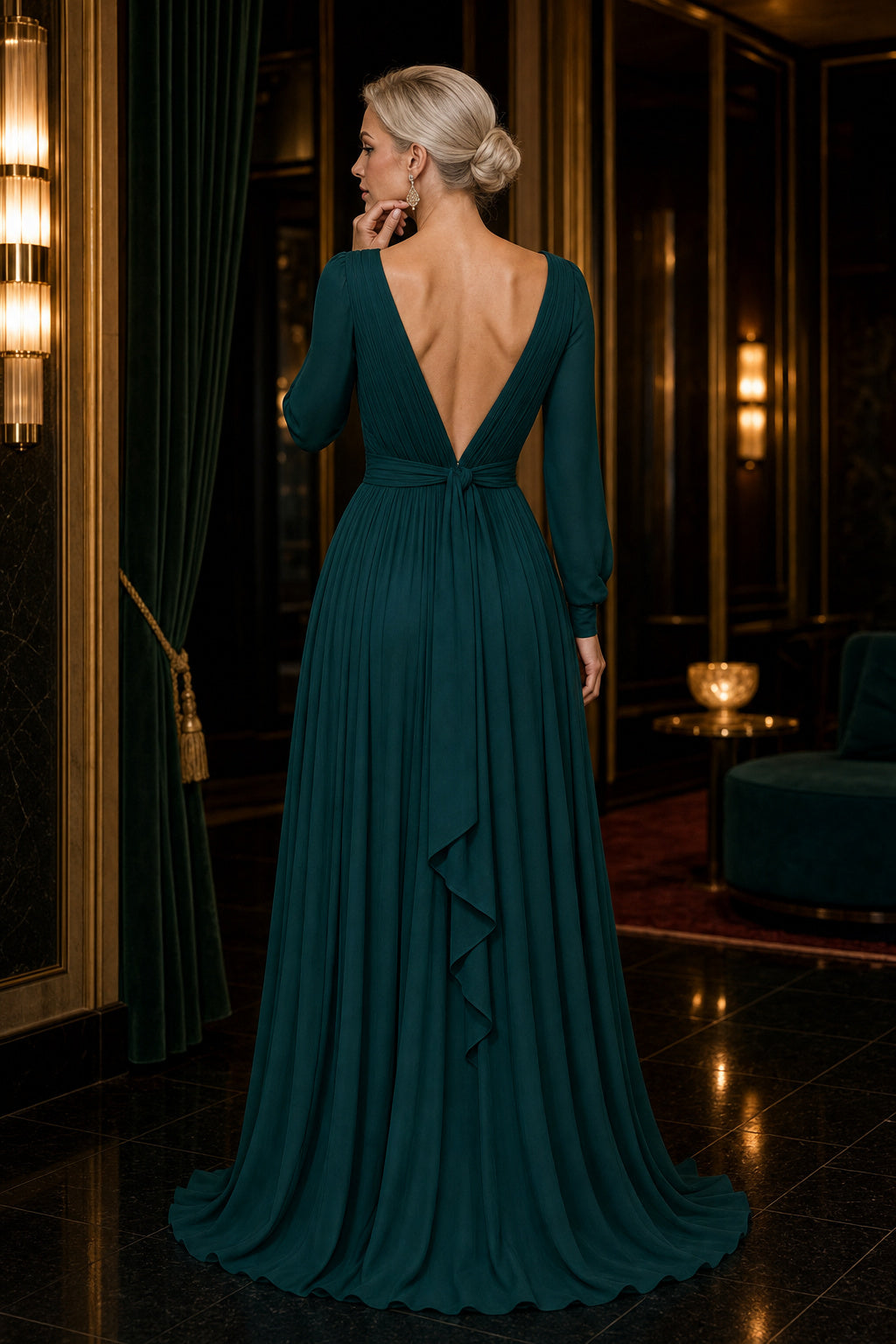 Emerald V-neck Long Sleeve A-Line Chiffon Floor-Length Dress With Ruffle Skirt