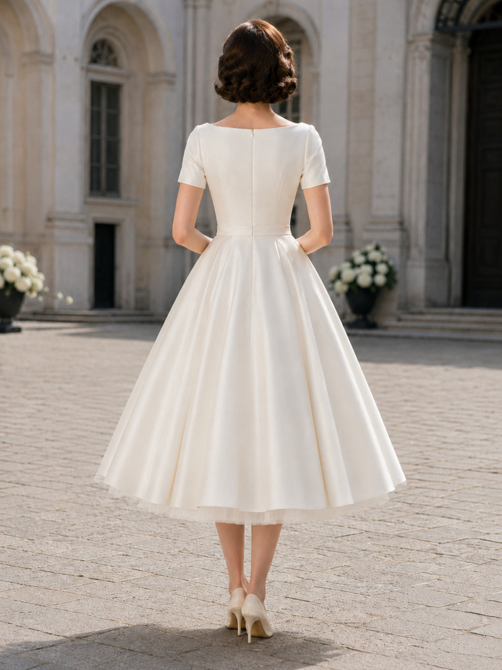 1950s Bateau Short Sleeve Satin A-Line Swing Tea Length Wedding Dress back view