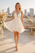 Ivory Spaghetti Strap Tulle Mini Wedding Dress with Plunging V-Neck and Floral Appliques front view