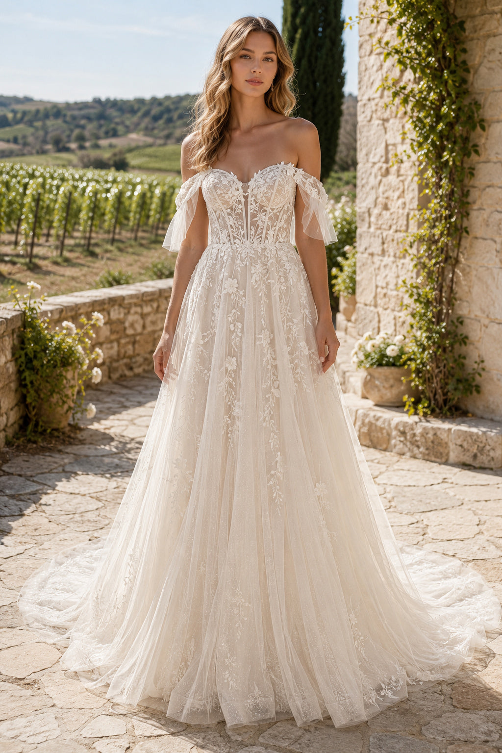 Ivory Off-the-Shoulder Lace A-Line Wedding Dress with Full Tulle Skirt and Train front view