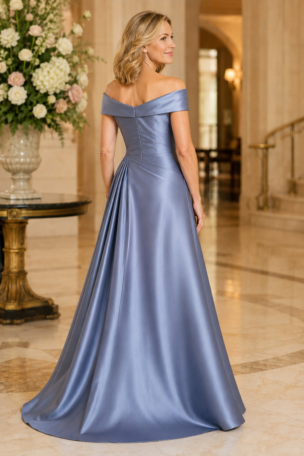 Steel Blue Off Shoulder Satin A-Line Mother Dress with Pleated Bodice and Full Skirt Style 101596 back view