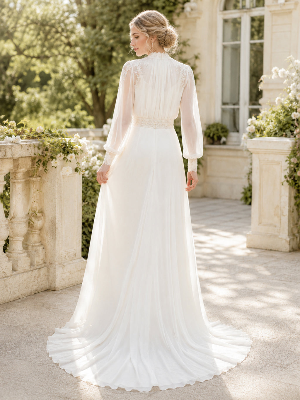 Vintage High Neck Long Poet Sleeve Satin Sheath Sweep Train Wedding Gown back view