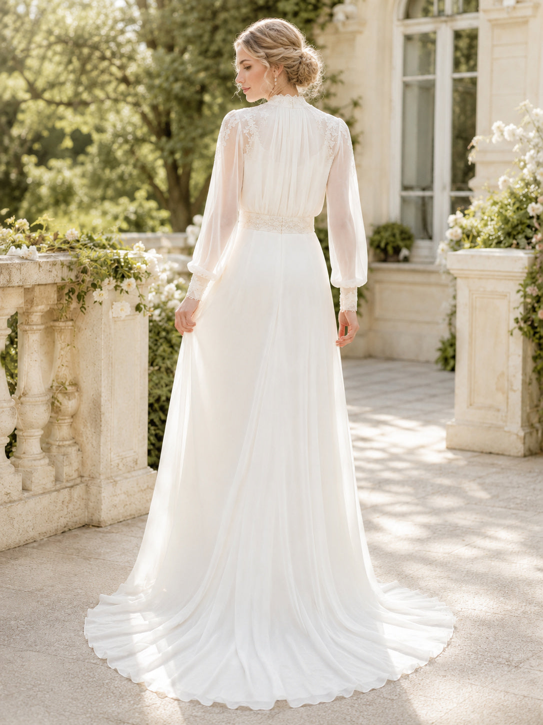 Vintage High Neck Long Poet Sleeve Satin Sheath Sweep Train Wedding Gown back view