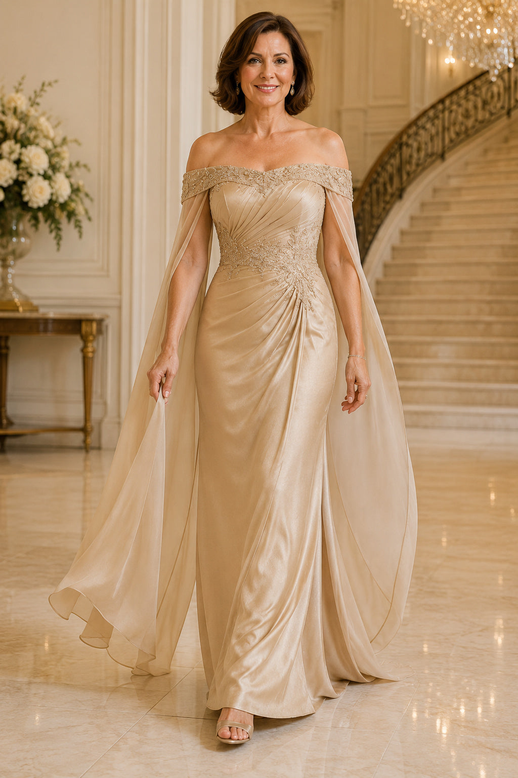 Champagne Off-the-Shoulder Mermaid Mother Dress with Chiffon Cape Train front view