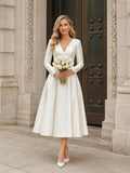 Chic Courthouse V-Neck Long Sleeve Tea Length Wedding Dress front view