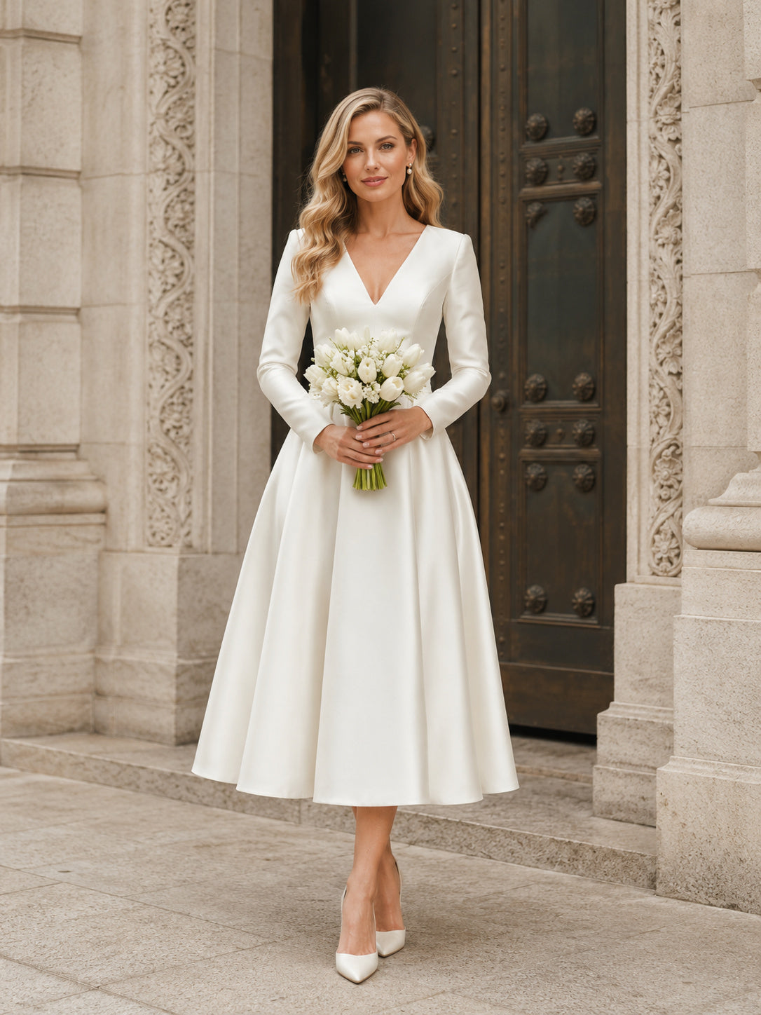 Chic Courthouse V-Neck Long Sleeve Tea Length Wedding Dress front view