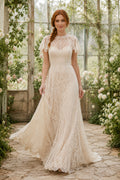 Ivory Illusion Cap Sleeve A-Line Wedding Dress with Open Back and Lace Skirt front view