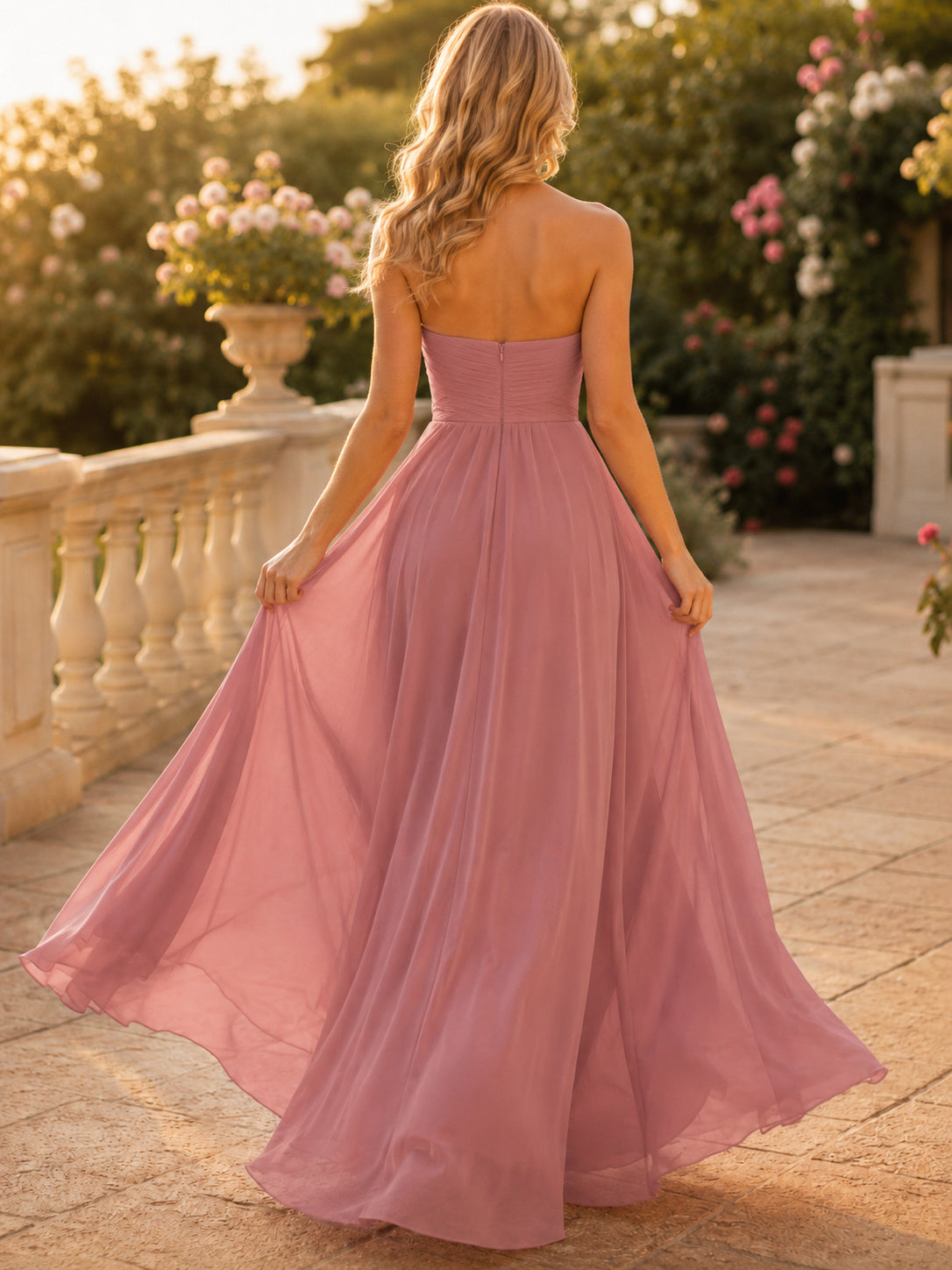 Dusty Rose Sweetheart Chiffon A Line Formal Dress back view