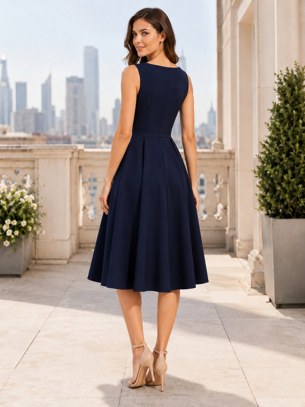 Dark Navy Sleeveless Bateau A-Line Cocktail Dress back view