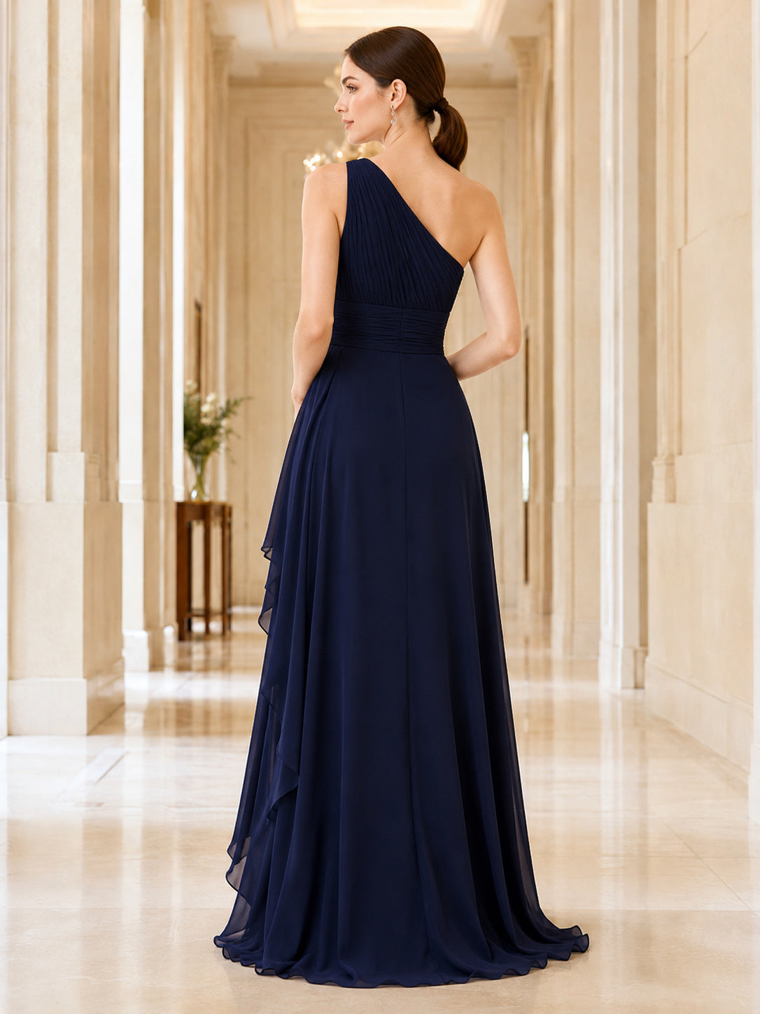 Dark Navy One Shoulder Chiffon Slit Formal Dress back view