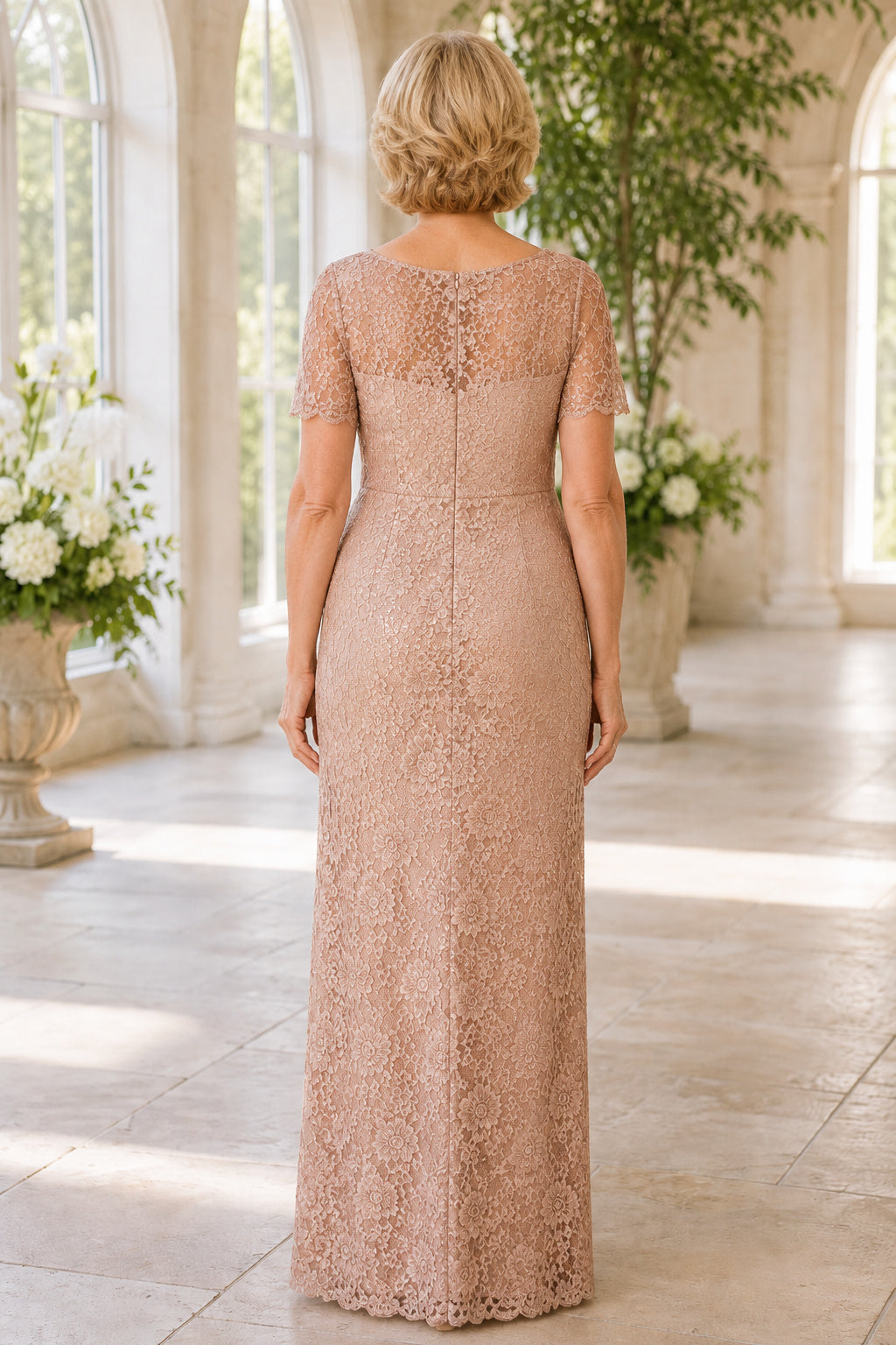 Blushing Pink Bateau Sheath Mother Dress with Lace Overlay and Cap Sleeves for Evening Reception back view