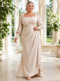 Plus Size Champagne Contemporary Mother Dress Square Neck Long Puff Sleeve Draped Sheath Floor-Length Gown front view