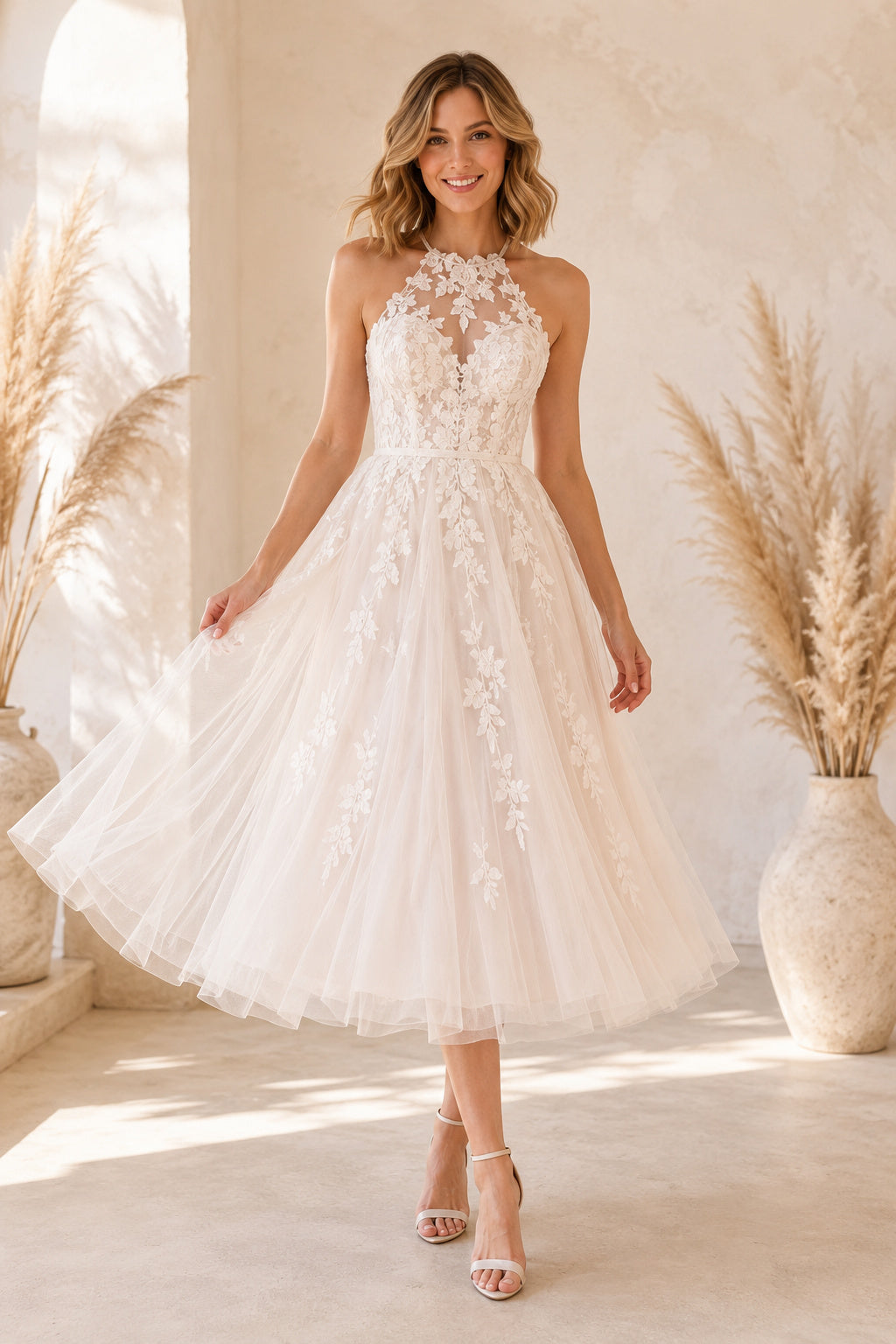 Ivory Halter High Neck Applique Tea Length Wedding Dress for Wedding Reception and Party front view