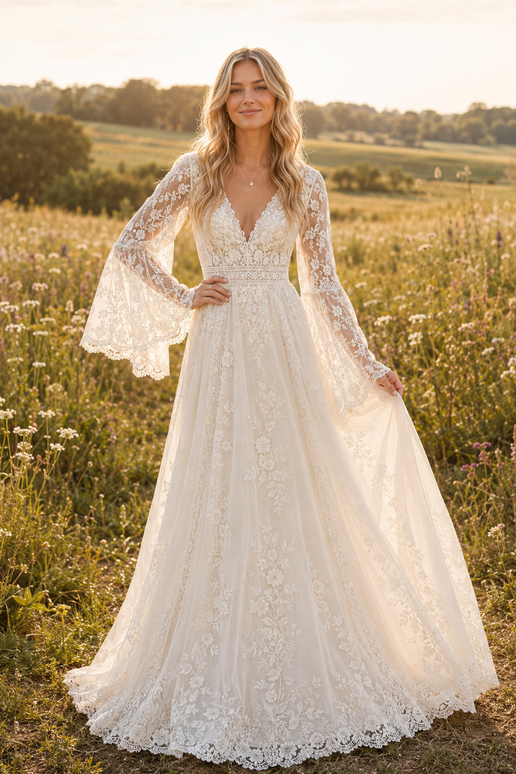Ivory Long Bell Sleeve V-Neck Lace A-Line Wedding Dress Train for Wedding Ceremony and Reception Style MG_701466 front view