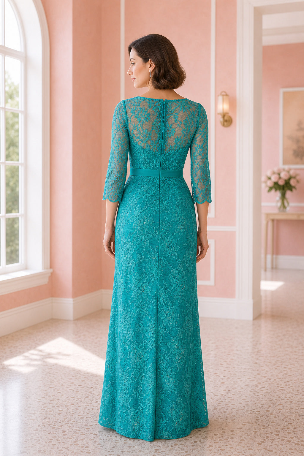 Teal V-neck Three-Quarter Sleeve Sheath Lace Floor-Length Dress