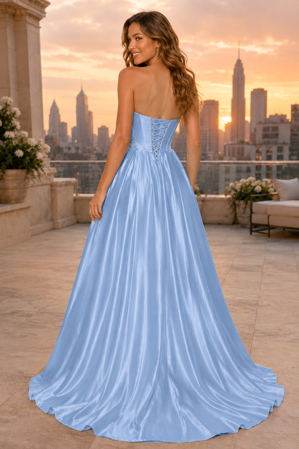 Prom Dress Sky Blue Satin A-Line Strapless Sweetheart with Slit back view