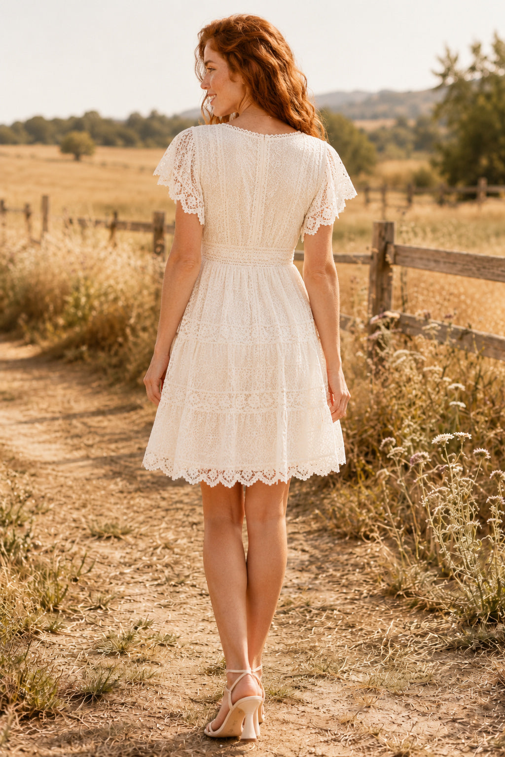 Ivory V-Neck Flutter Sleeve Lace A-Line Knee-Length Cocktail Dress with Scalloped Hem back view