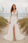 Ivory Long Sleeve Lace Bodice A-Line Wedding Dress Split Front Train for Bridal Ceremony and Reception front view