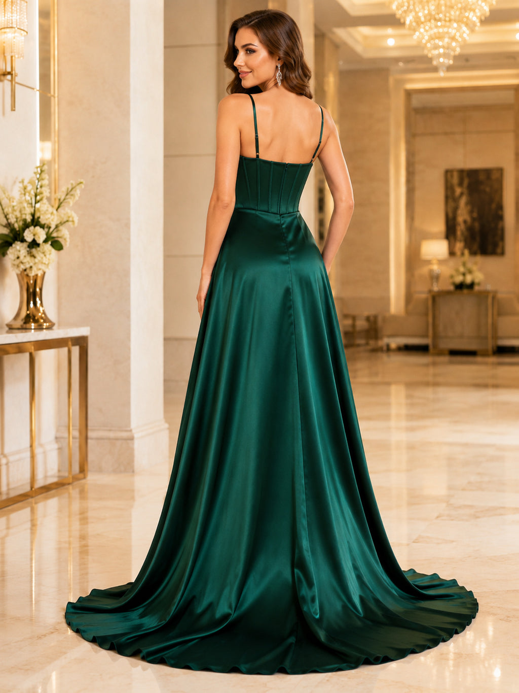 Sexy Dark Green Satin Prom A Line Floor Length Spaghetti Split Corset Gown back view