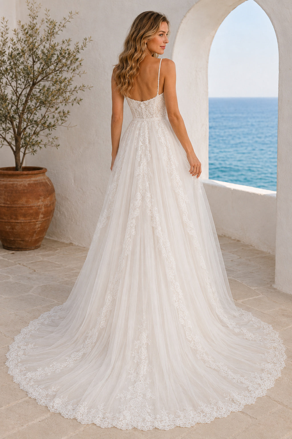 Ivory Square Neck Spaghetti Strap Lace Tulle A-Line Wedding Dress for Bridal Ceremony and Reception back view