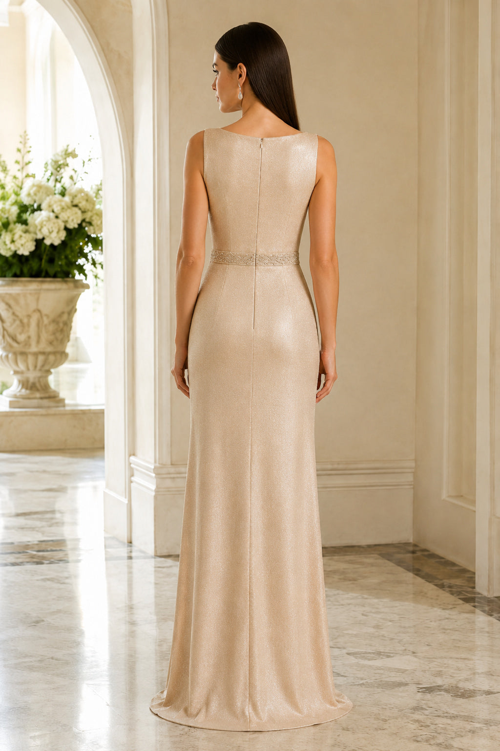 Champagne Bateau Neck Sheath Mother of the Bride Dress with Beaded Waist and Subtle Shine back view