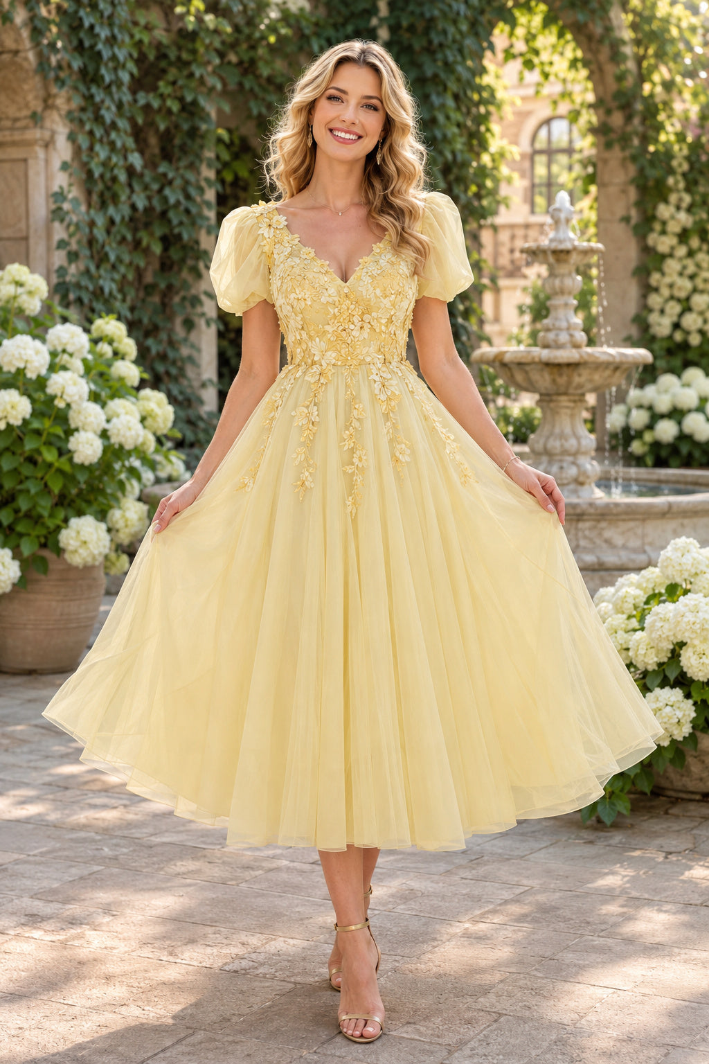 Daffodil Yellow Puff Sleeve Lace Applique Bodice with Tulle Skirt Tea Length A-Line Homecoming Dress front view