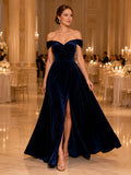 Navy off shoulder velvet A line slit formal gala gown front view