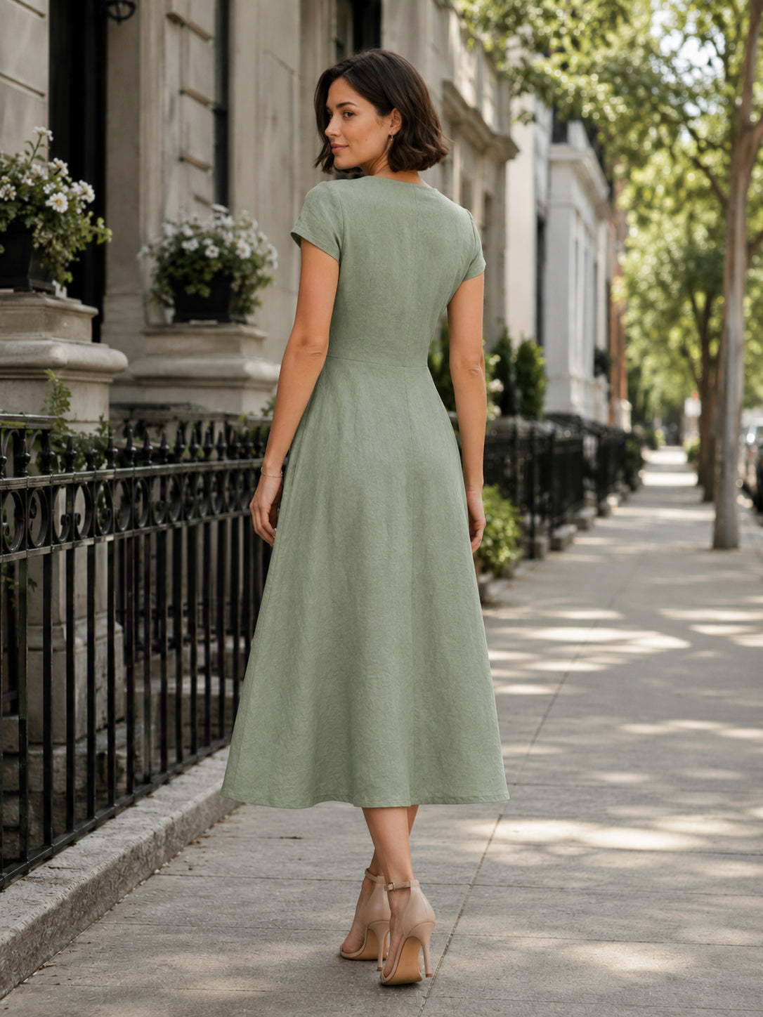 Sage Linen V Neck Short Sleeve A Line Midi Dress back view