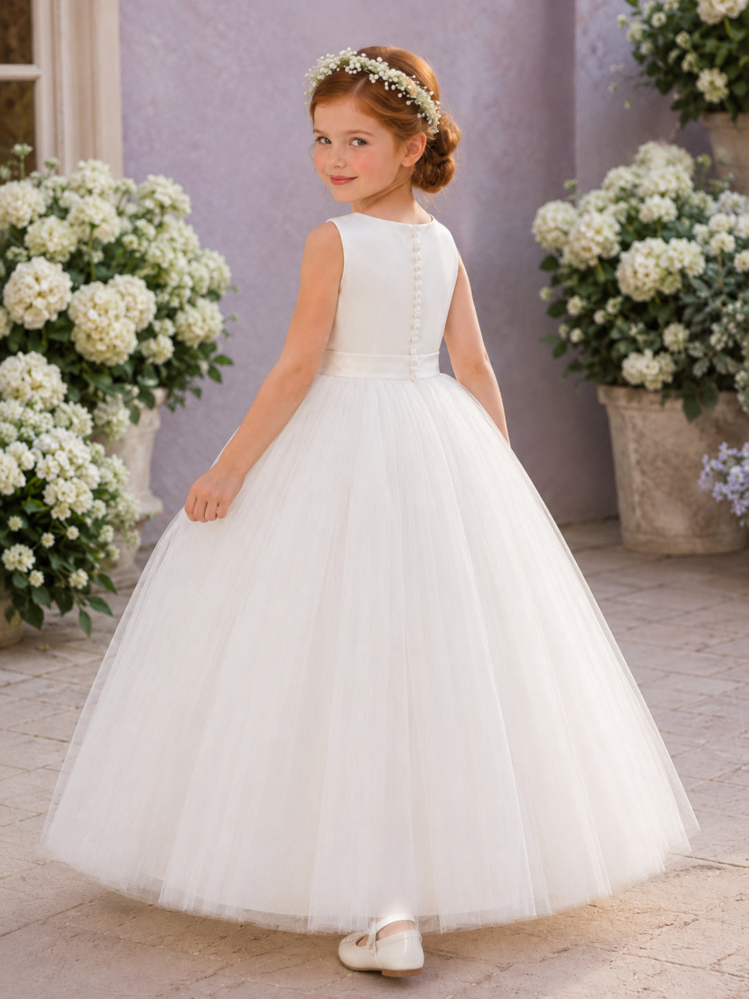 Elegant Satin Tulle Floor-Length Ball Gown Bateau Floral Embroidered Flower Girl Garden Wedding Dress back view