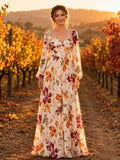 Square Neck Autumn Floral Vineyard Guest Maxi Dress front view