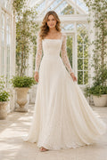 Square Neck Long Sleeve A-Line Wedding Dress with Lace Panel and Chiffon Train for Beach Garden Ceremony front view