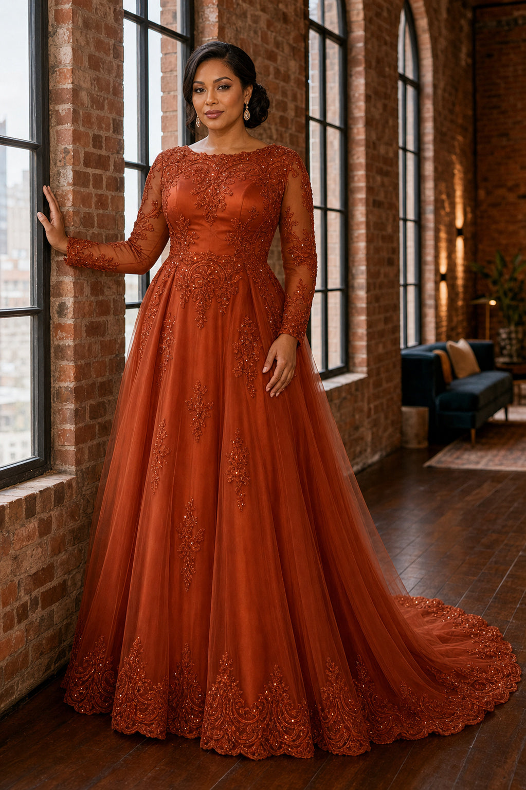 Rust Illusion Long Sleeve A-Line Lace Floor-Length Dress With Sweep Train