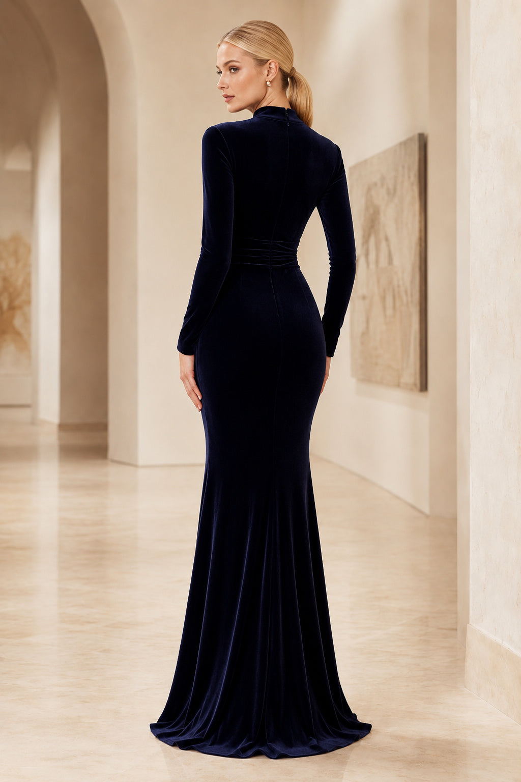 Dark Navy Velvet High Neck Long Sleeve Mermaid Evening Gown With Sweep Train Evening Dress back view