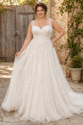 Ivory Plus Size Sweetheart Strap Lace A-Line Wedding Dress with Tulle Skirt and Train front view