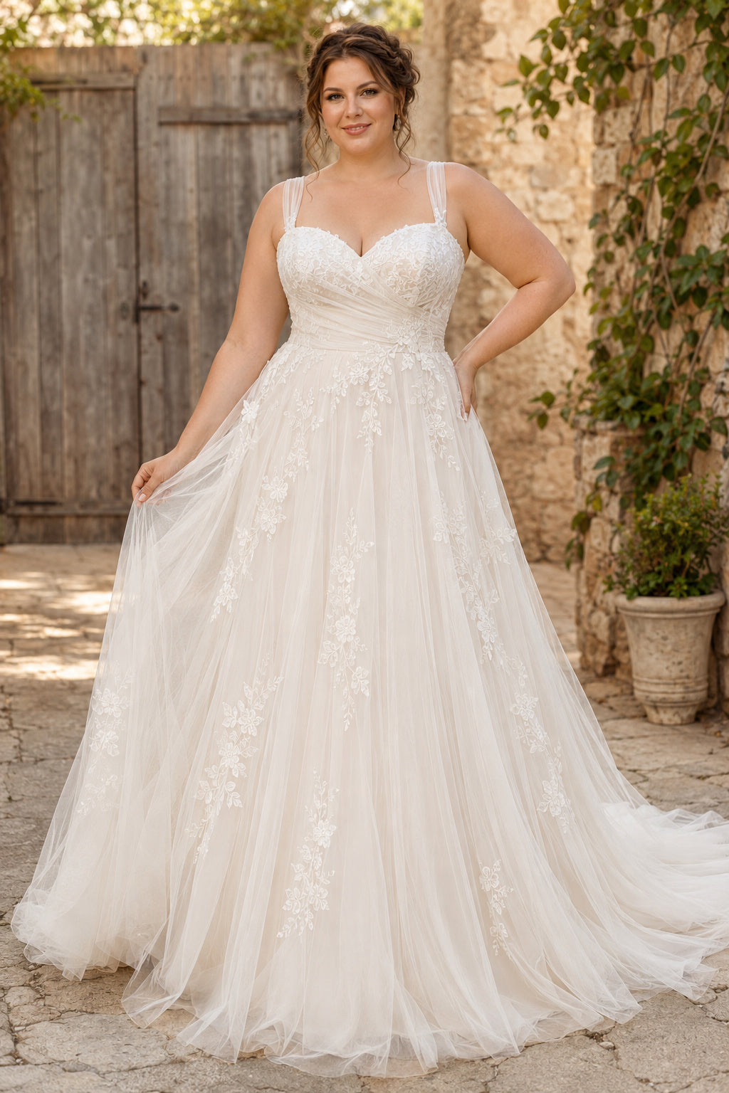 Ivory Plus Size Sweetheart Strap Lace A-Line Wedding Dress with Tulle Skirt and Train front view