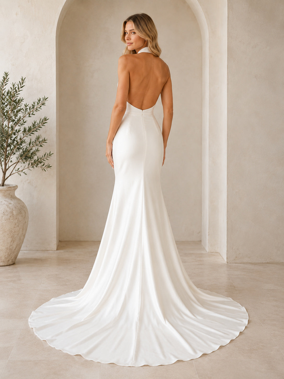 Sleek Cowl Halter Satin Wedding Mermaid Sleeveless Sweep Train Open Back back view