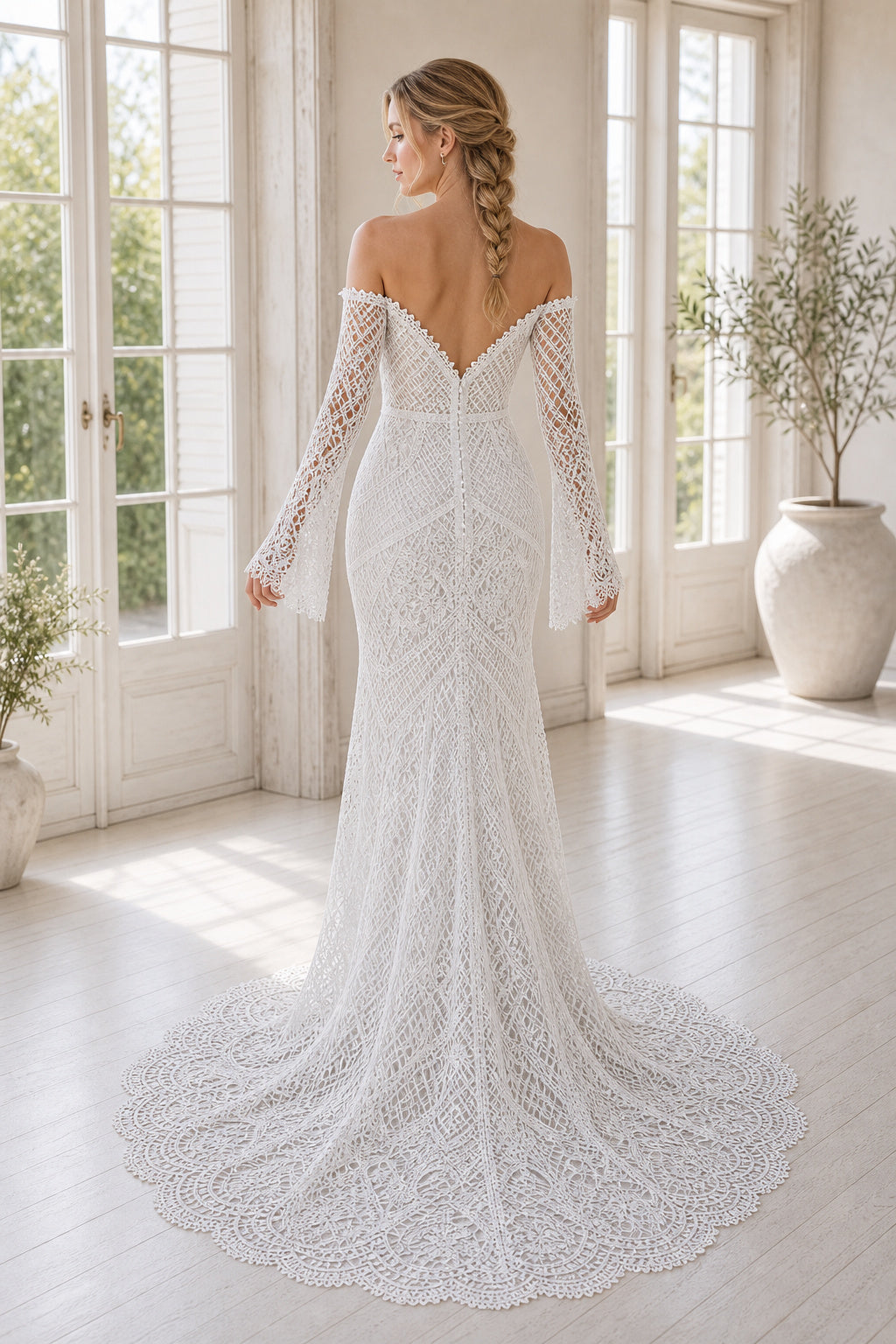 White Illusion Flutter Sleeves A-Line Lace Floor-length Wedding Dress With Lace and Beaded Bodice Lace Hem Detail