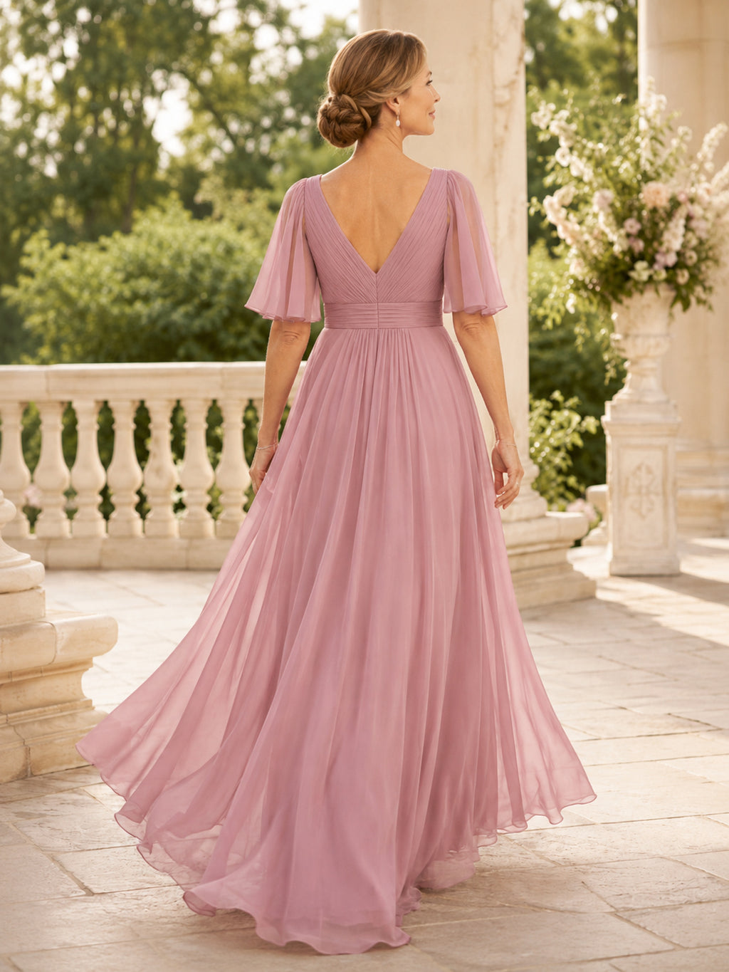Dusty Rose Mature V-neck Flutter Sleeve Evening Gown back view