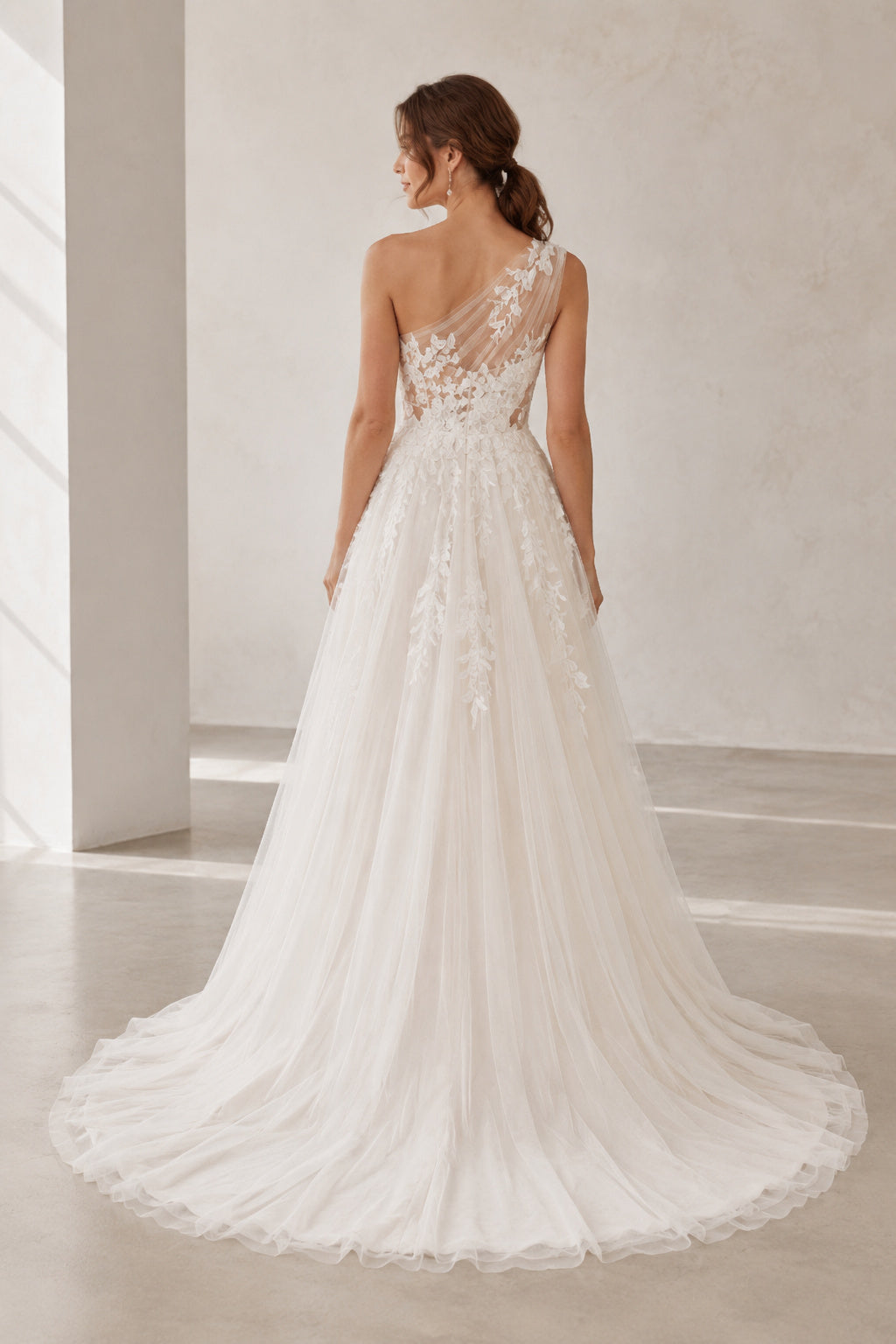 Wedding A-Line Tulle Dress with One-Shoulder Lace Bodice and Train back view