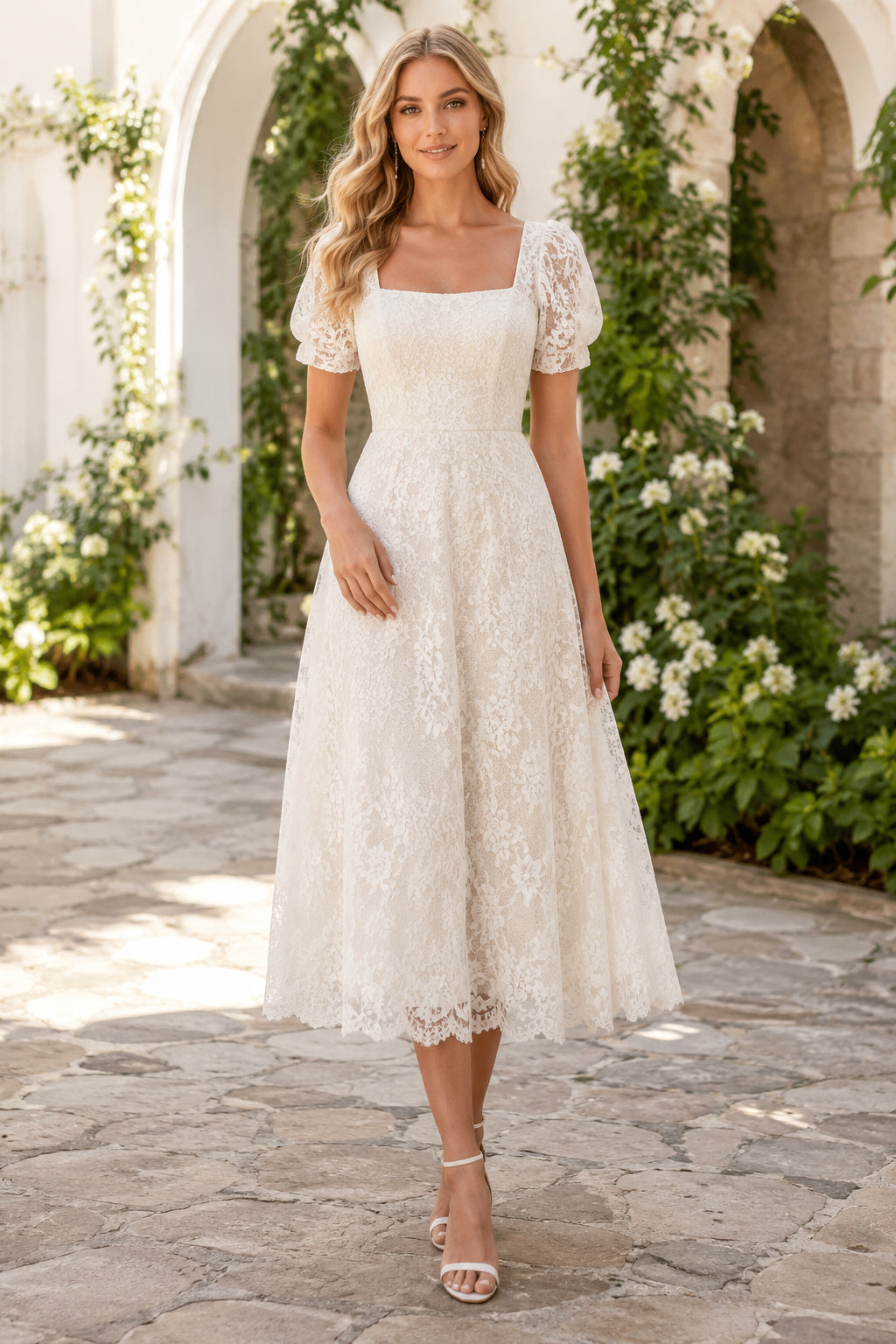 Ivory Square Neck Puff Sleeve Lace Tea Length Wedding Dress for Wedding Reception and Party front view
