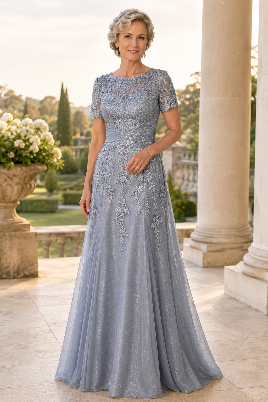 Steel Blue Cap Sleeve Lace A-Line Mother Dress with Illusion Back and Floor Skirt front view