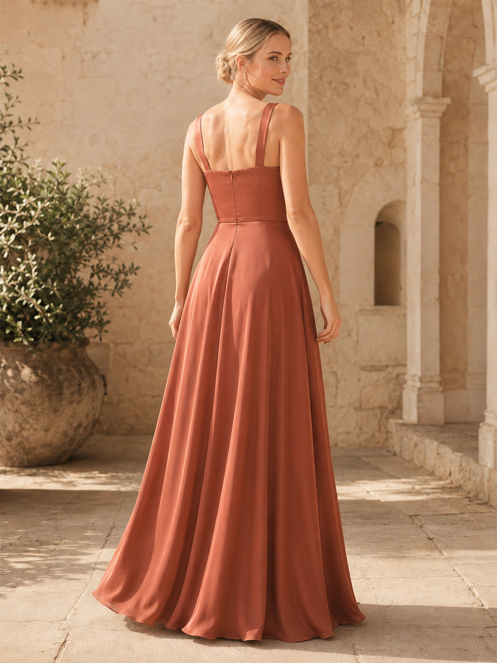 Terracotta square neck sleeveless satin floor length A-line bridesmaid dress back view