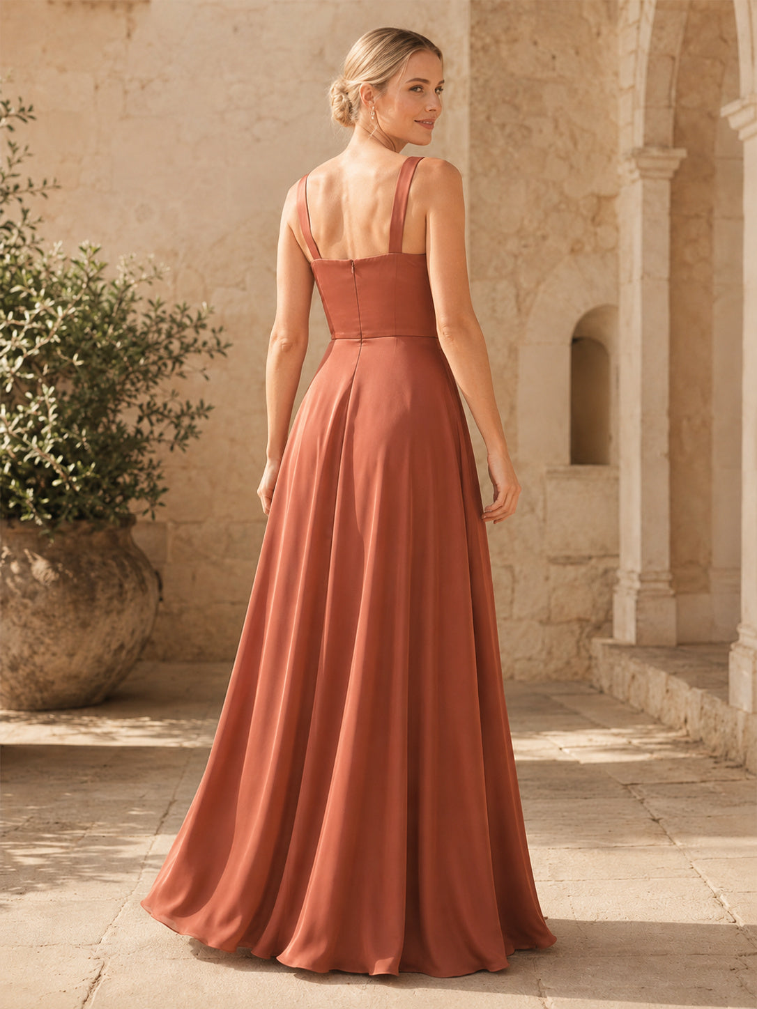 Terracotta square neck sleeveless satin floor length A-line bridesmaid dress back view
